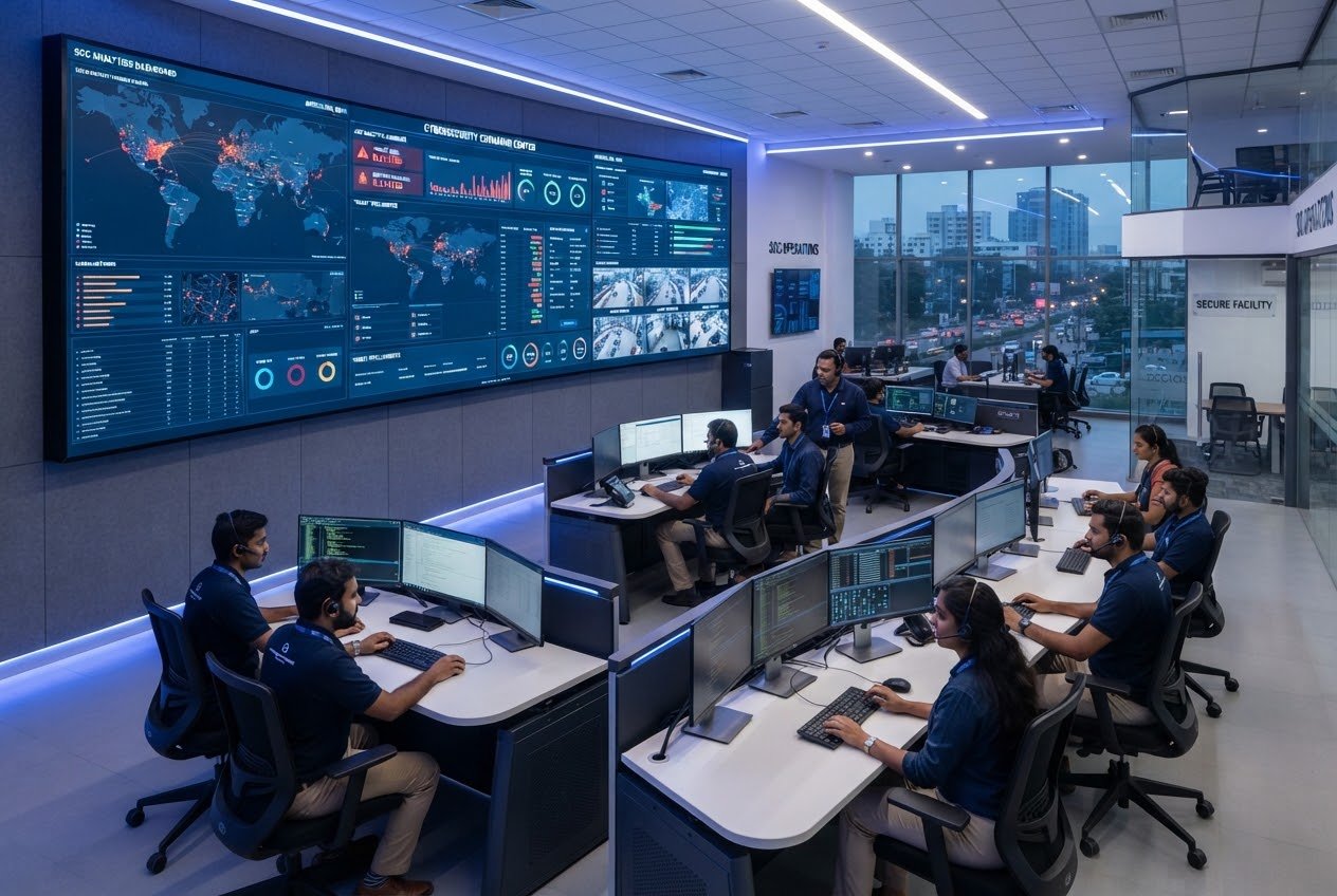 A pristine, highly advanced Security Operations Center (SOC) environment.