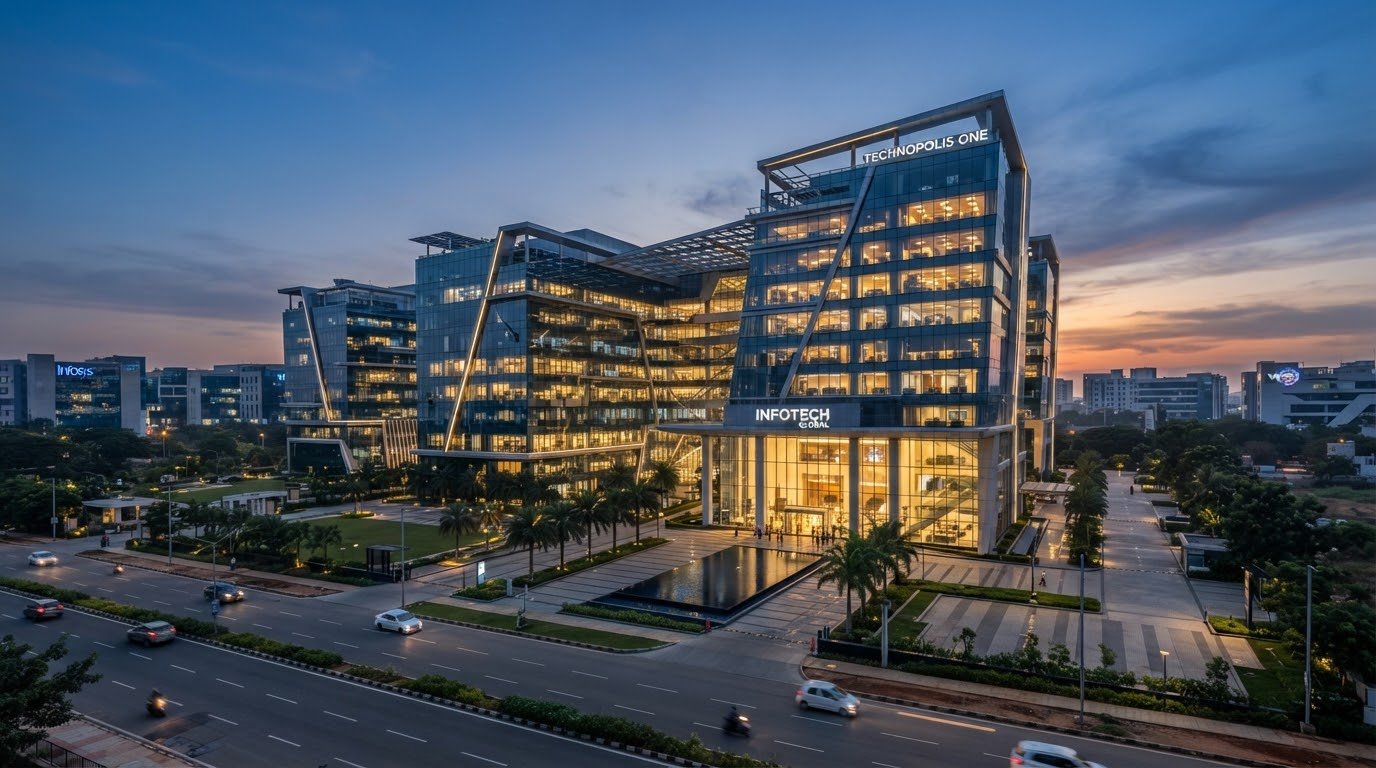A sweeping, high-angle architectural photograph of a modern, glass-clad corporate IT park in Bangalore during twilight.